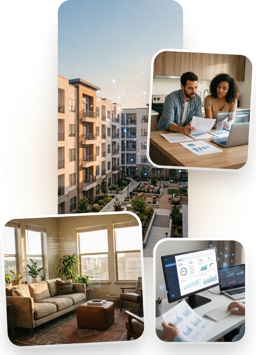An apartment community, a couple reviewing reports at a kitchen table, a sunlit living room, and a portfolio dashboard on a monitor