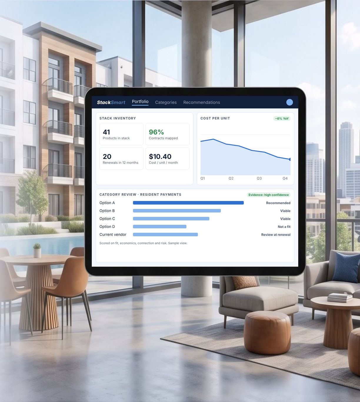 Apartment community lounge with a StackSmart portfolio dashboard on a tablet
