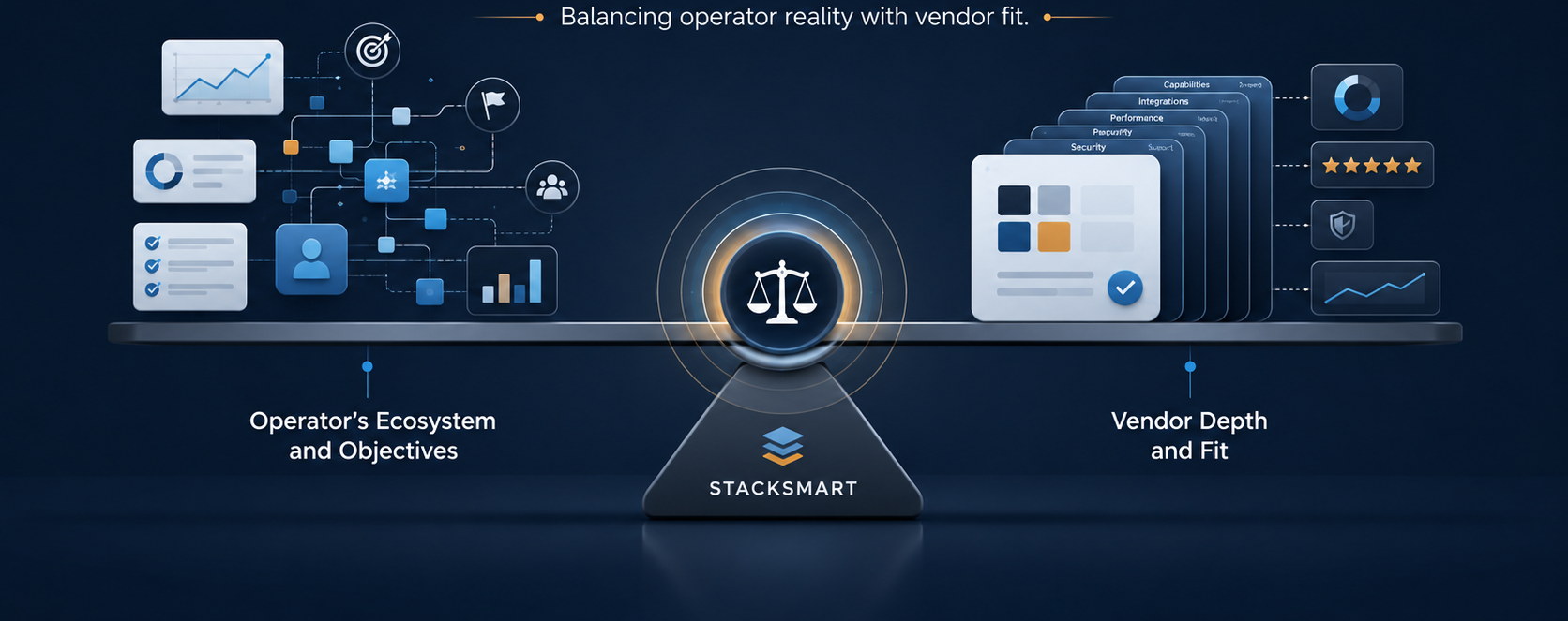 A balance scale resting on a StackSmart fulcrum, with the operator's ecosystem and objectives weighed on one side and vendor depth and fit on the other, the two sides level.